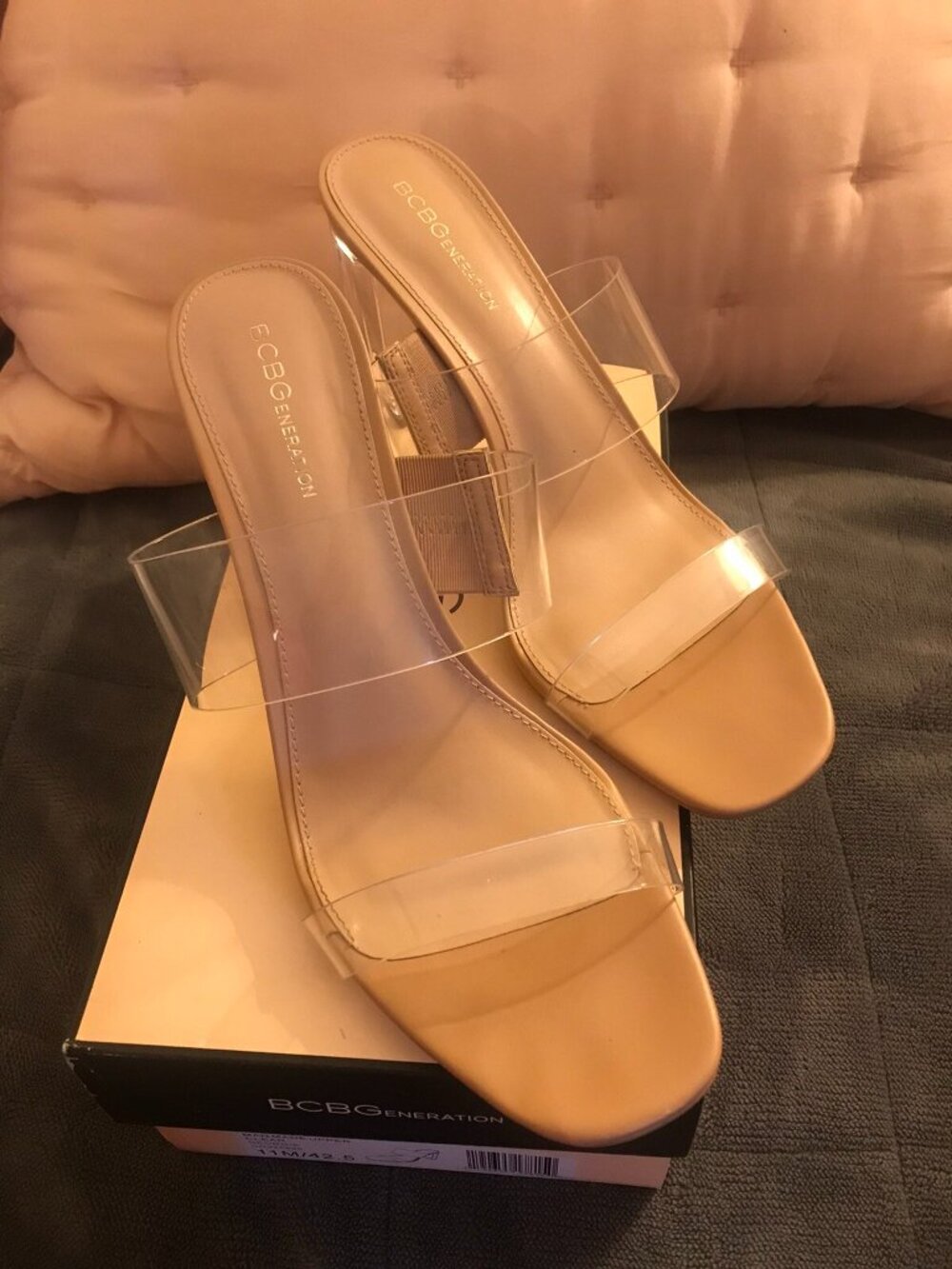 BCBG Georgie Sandal Nude Leather Heels w/ Clear Vinyl Strap & Clear Heel